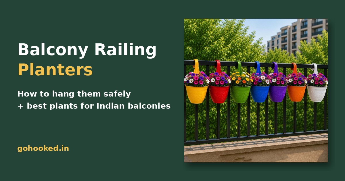 Balcony Railing Planters guide title beside colourful hook planters with flowers on a balcony railing