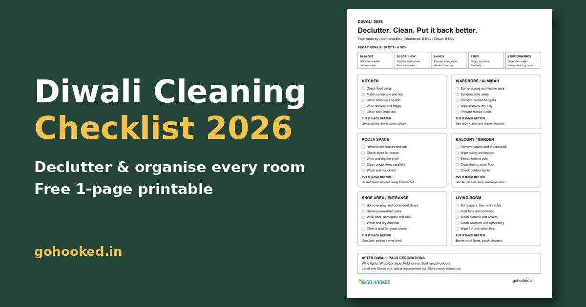 Diwali Cleaning Checklist 2026 title beside a preview of the free one-page printable checklist