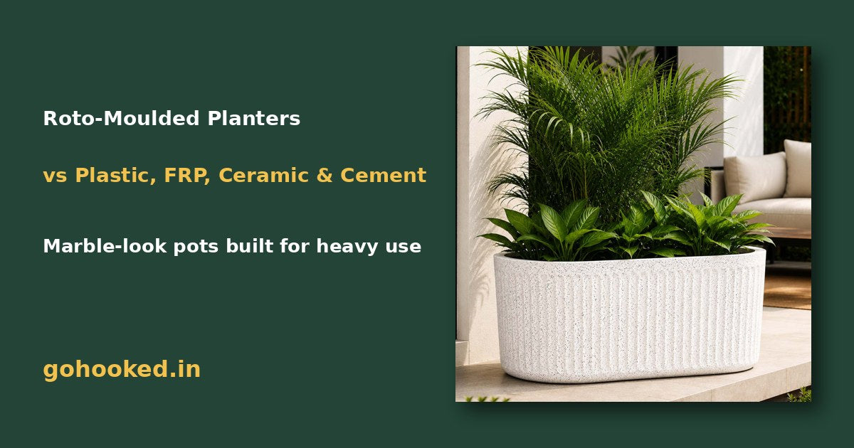 Roto-moulded planters guide – Go Hooked blog featured image with a Marble White oval planter