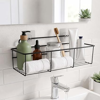 Go Hooked Wall Mounted Metal Storage Basket with Adhesive Hooks 32cm | Rust-Resistant Bathroom & Home Organizer Rack | No Drilling Shelf for Spices, Toiletries & Daily Essentials
