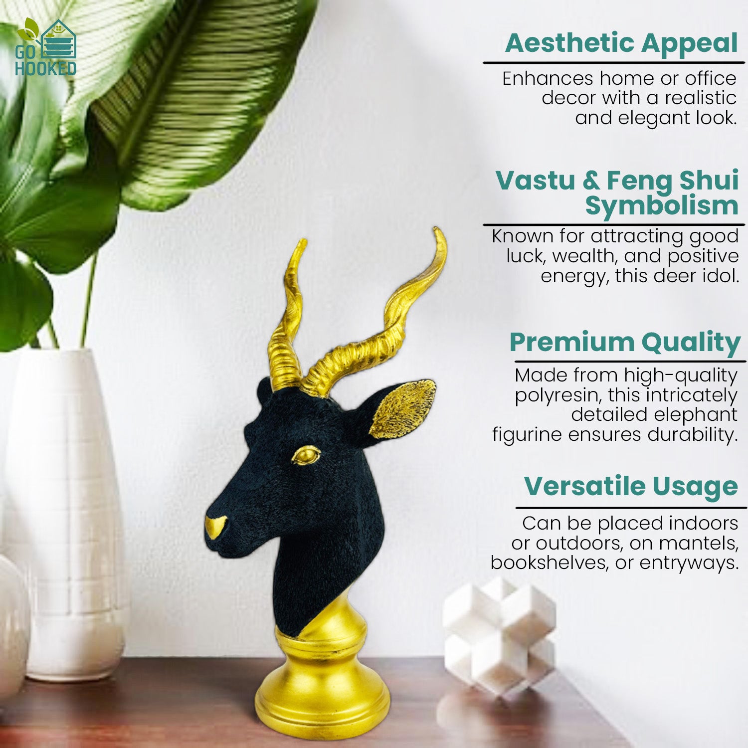 Go Hooked Blackbuck & Deer Head Statue Luxurious Polyresin Animal Bust Set of 2pcs with Gold Accents for Home, Office, and Tabletop Décor | Feng Shui & Vastu Positive Energy Showpiece (31Cm)
