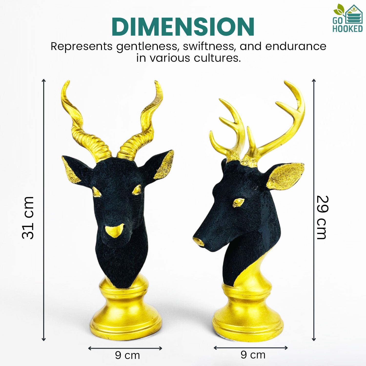 Go Hooked Blackbuck & Deer Head Statue Luxurious Polyresin Animal Bust Set of 2pcs with Gold Accents for Home, Office, and Tabletop Décor | Feng Shui & Vastu Positive Energy Showpiece (31Cm)