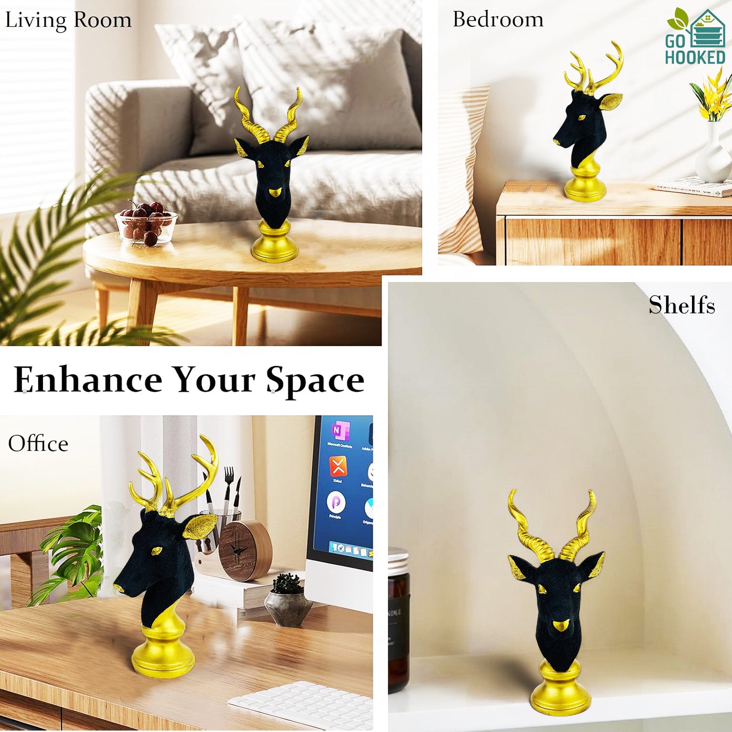 Go Hooked Blackbuck & Deer Head Statue Luxurious Polyresin Animal Bust Set of 2pcs with Gold Accents for Home, Office, and Tabletop Décor | Feng Shui & Vastu Positive Energy Showpiece (31Cm)