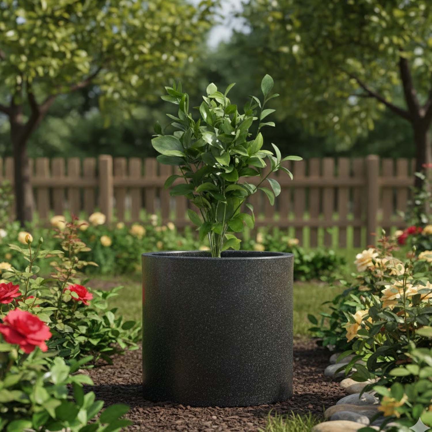 Go Hooked Tube 15 Inch Round Flower Pot for Plants | Lightweight Polymer Planter for Indoor Outdoor Use | Decorative Garden Pot for Balcony, Home, Office, Living Room, Patio & Terrace Decor (Black)