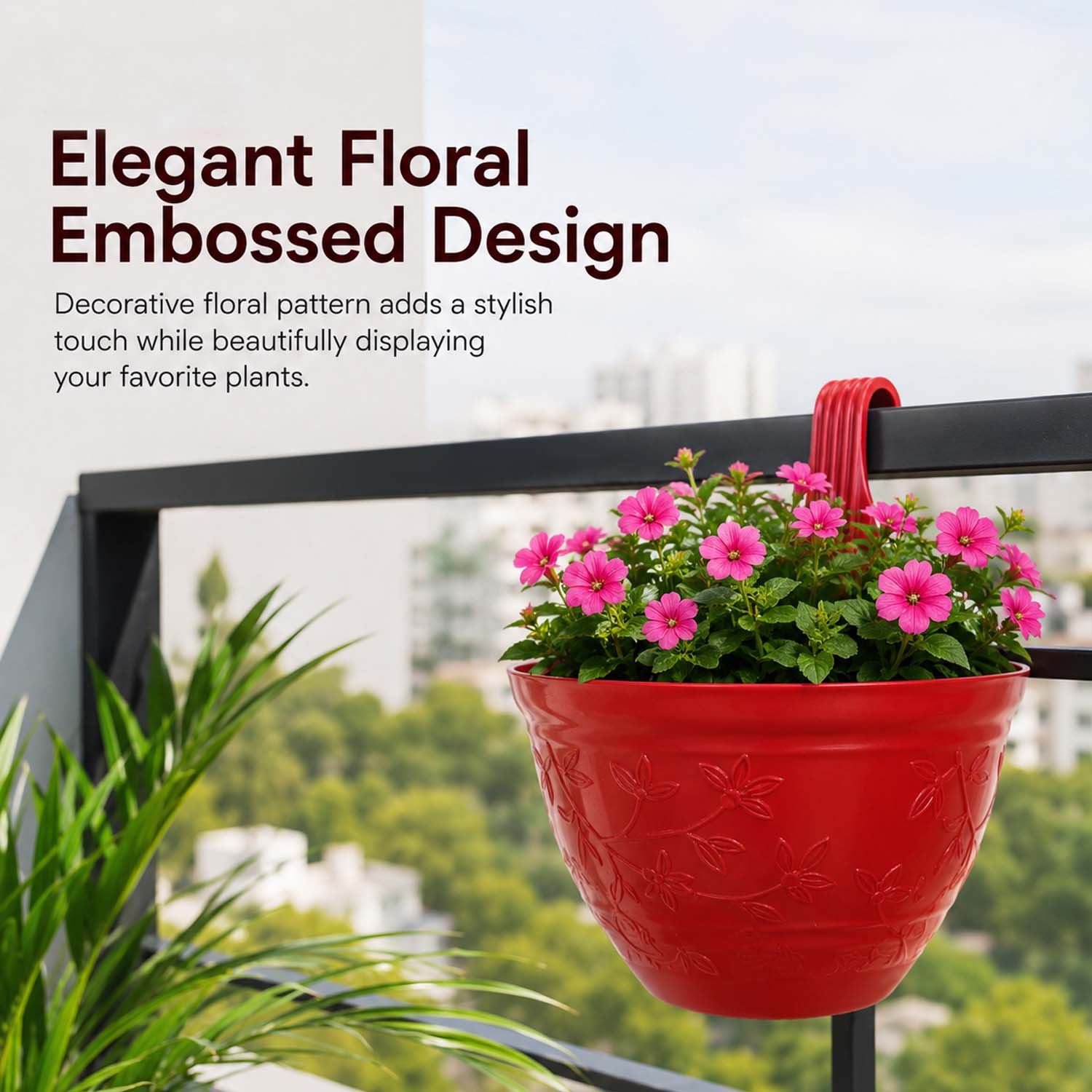 Go Hooked Hanging Planter Pots for Balcony Railing | Small Plastic Victor Hook Flower Pots for Fence, Grill & Balcony (Multicolor, 16.5x9x19 cm) | Decorative Planters for Home Garden Décor