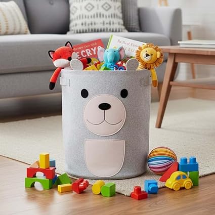 Go Hooked Felt Laundry Basket for Kids – Cute Bear Design | Large Toy Storage Basket for Baby Room | Nursery Organizer for Toys, Clothes & Blankets | Foldable Felt Storage Bin with Handles – Grey