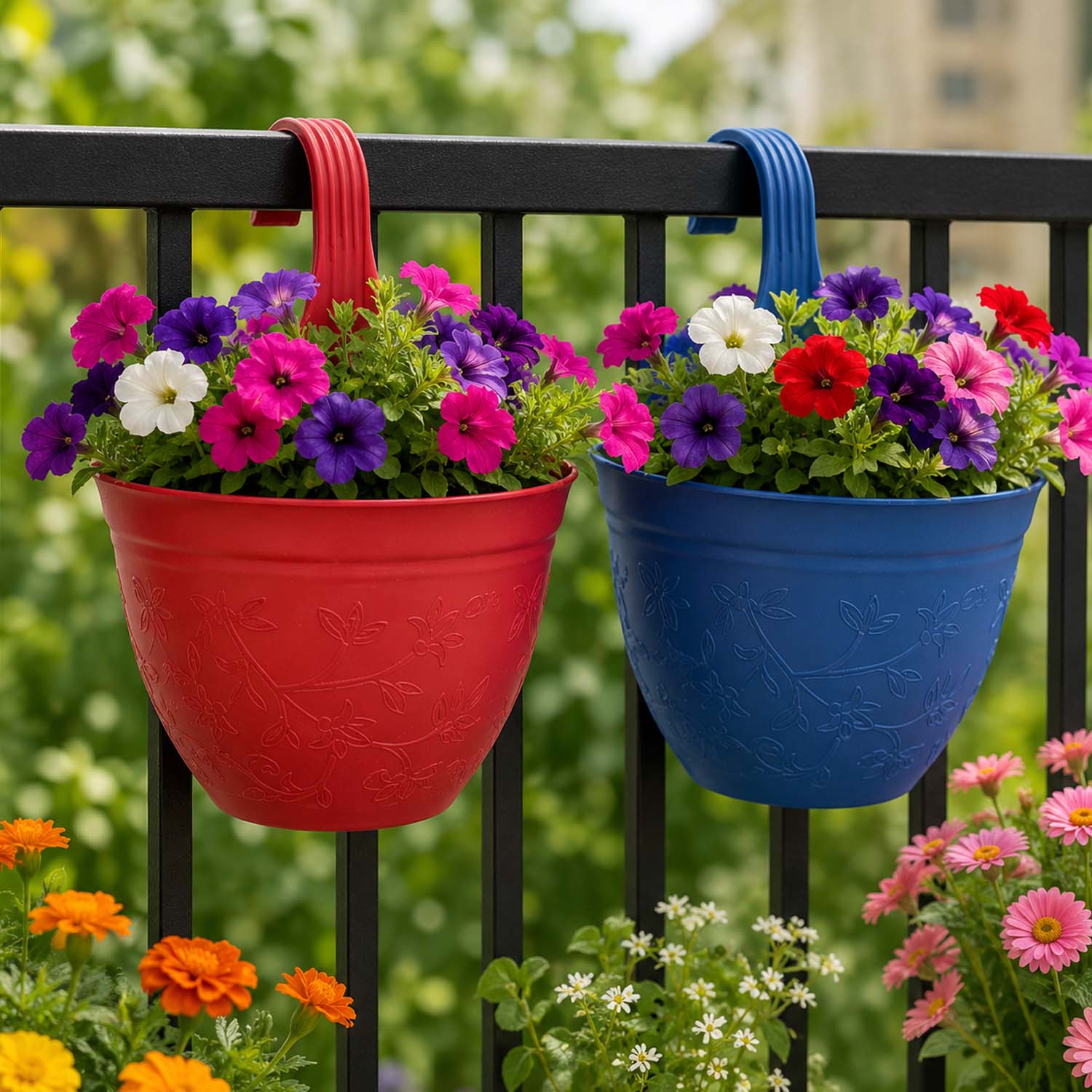 Go Hooked Hanging Planter Pots for Balcony Railing | Small Plastic Victor Hook Flower Pots for Fence, Grill & Balcony (Multicolor, 16.5x9x19 cm) | Decorative Planters for Home Garden Décor
