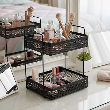 Go Hooked 2 Tier Metal Storage Rack Organizer 31cm | Multipurpose Countertop Shelf for Home, Bathroom & Utility Storage | Black Wire Spice Rack for Jars, Bottles & Essentials