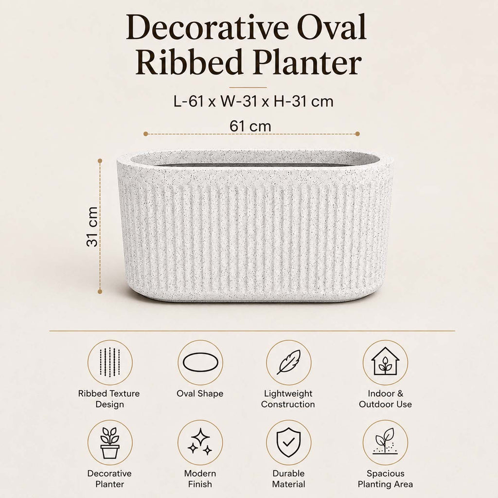 Go Hooked Large Oval Planter Pot (24x12) Inch | Aurelia Modern Ribbed Marble White Texture Finish | UV & Weather Resistant Decorative Floor Planter for Balcony, Patio, Terrace, Garden & Entrance