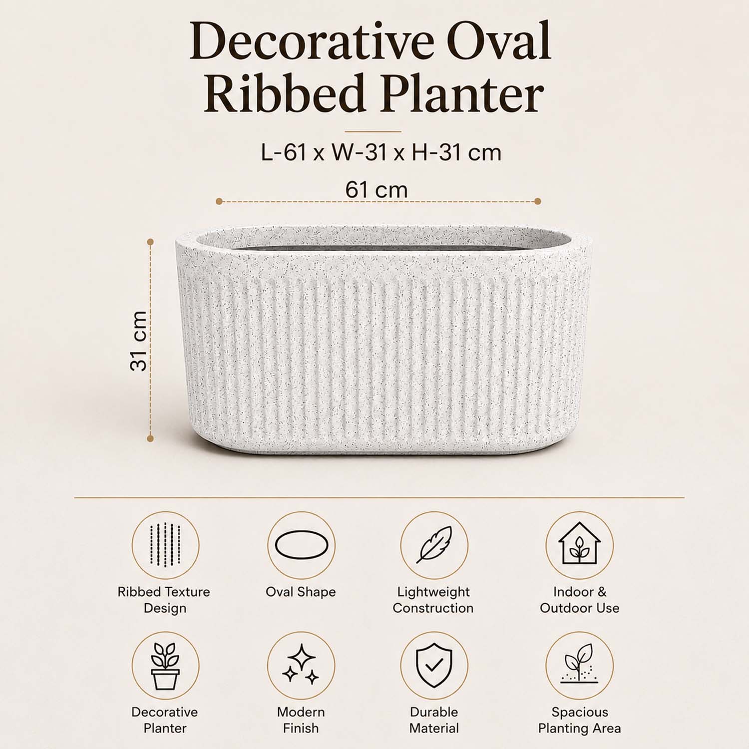 Go Hooked Large Oval Planter Pot (24x12) Inch | Aurelia Modern Ribbed Marble White Texture Finish | UV & Weather Resistant Decorative Floor Planter for Balcony, Patio, Terrace, Garden & Entrance
