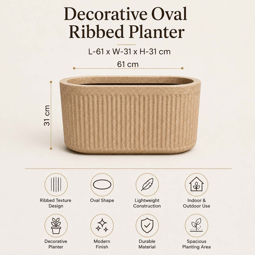 Go Hooked Large Oval Planter Pot (24x12) Inch | Aurelia Modern Ribbed Sandstone Texture Finish | UV & Weather Resistant Decorative Floor Planter for Balcony, Patio, Terrace, Garden & Entrance