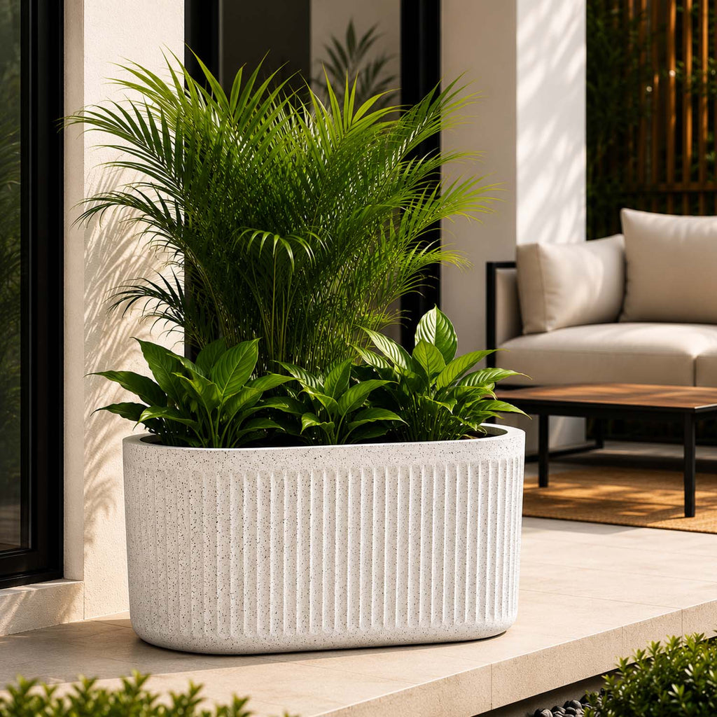 Go Hooked Large Oval Planter Pot (24x12) Inch | Aurelia Modern Ribbed Marble White Texture Finish | UV & Weather Resistant Decorative Floor Planter for Balcony, Patio, Terrace, Garden & Entrance
