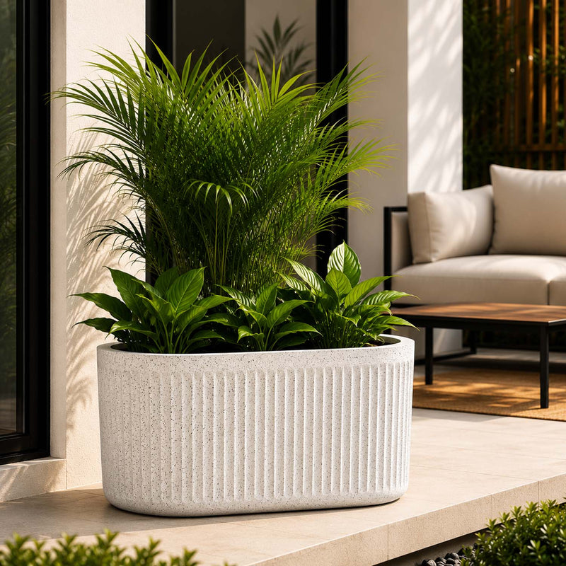 Go Hooked Large Oval Planter Pot (24x12) Inch | Aurelia Modern Ribbed Marble White Texture Finish | UV & Weather Resistant Decorative Floor Planter for Balcony, Patio, Terrace, Garden & Entrance