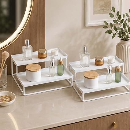 Go Hooked Spice Rack Organizer for Counter top 3-Tier Metal Spice Organizer Standing Rack Shelf Storage Holder for Kitchen Cabinet Pantry Bathroom Office (White, Pack of 2)
