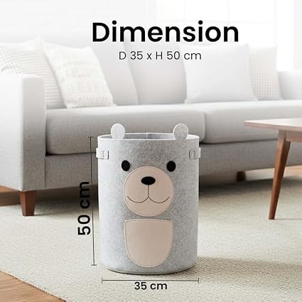 Go Hooked Felt Laundry Basket for Kids – Cute Bear Design | Large Toy Storage Basket for Baby Room | Nursery Organizer for Toys, Clothes & Blankets | Foldable Felt Storage Bin with Handles – Grey