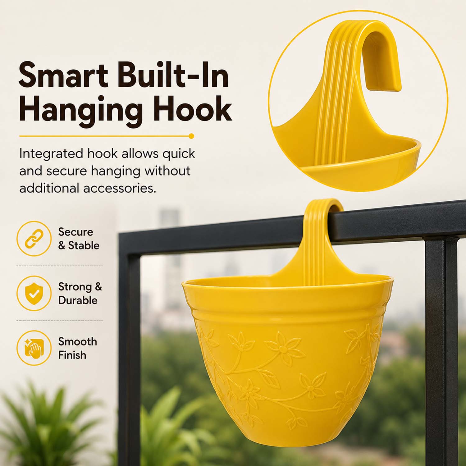 Go Hooked Hanging Planter Pots for Balcony Railing | Small Plastic Victor Hook Flower Pots for Fence, Grill & Balcony (Multicolor, 16.5x9x19 cm) | Decorative Planters for Home Garden Décor