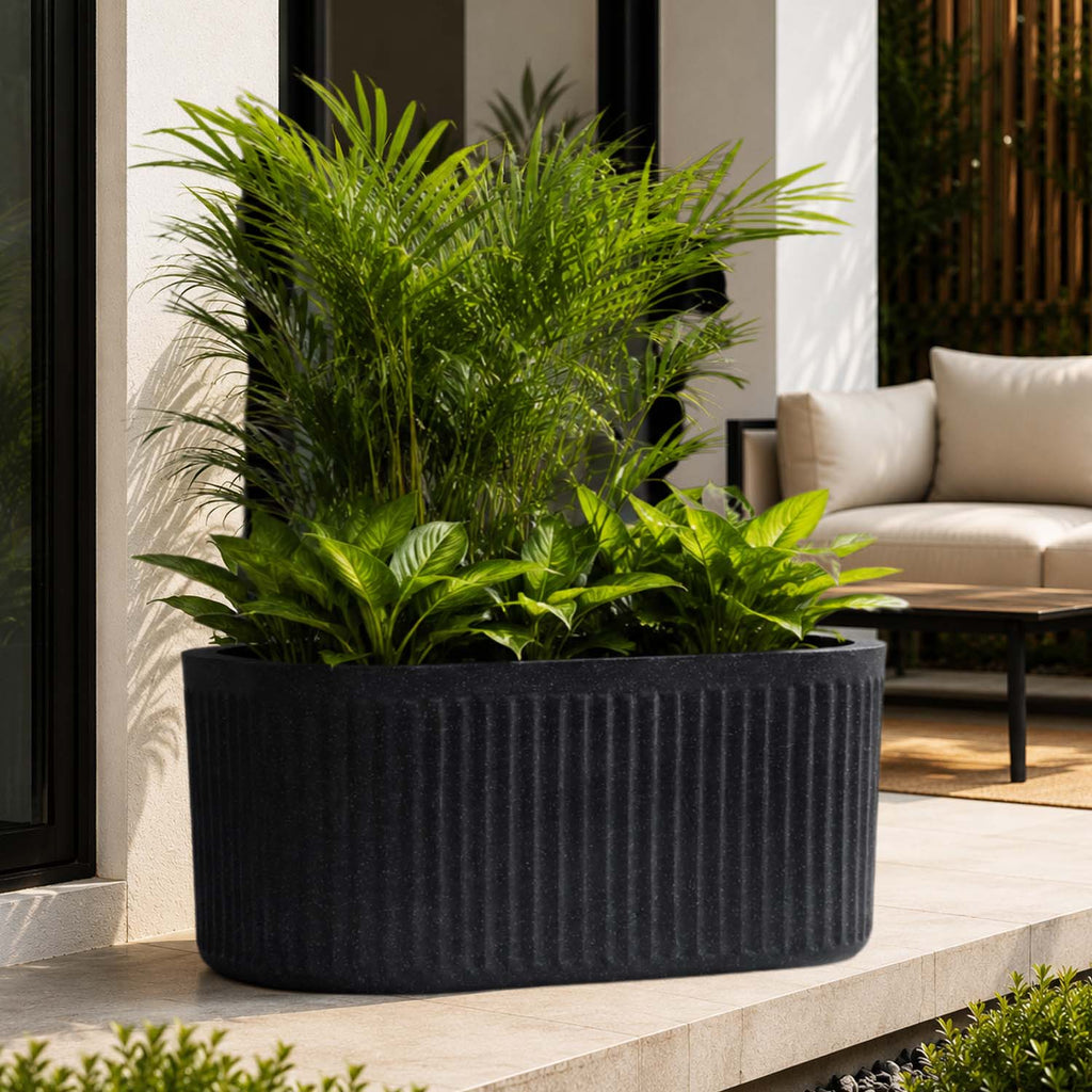 Go Hooked Large Oval Planter Pot (30x15) Inch | Aurelia Modern Ribbed Grey Stone Texture Finish | UV & Weather Resistant Decorative Floor Planter for Balcony, Patio, Terrace, Garden & Entrance