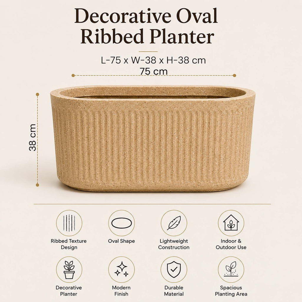 Go Hooked Large Oval Planter Pot (30x15) Inch | Aurelia Modern Ribbed Sandstone Texture Finish | UV & Weather Resistant Decorative Floor Planter for Balcony, Patio, Terrace, Garden & Entrance