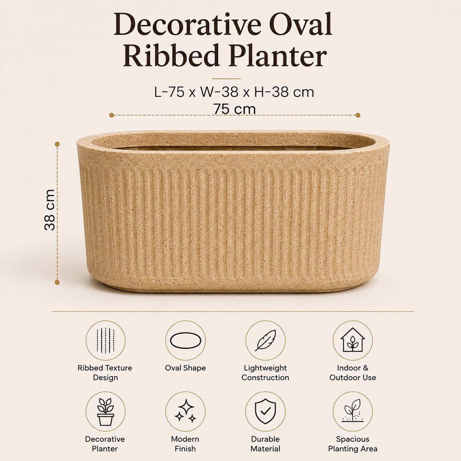 Go Hooked Large Oval Planter Pot (30x15) Inch | Aurelia Modern Ribbed Sandstone Texture Finish | UV & Weather Resistant Decorative Floor Planter for Balcony, Patio, Terrace, Garden & Entrance