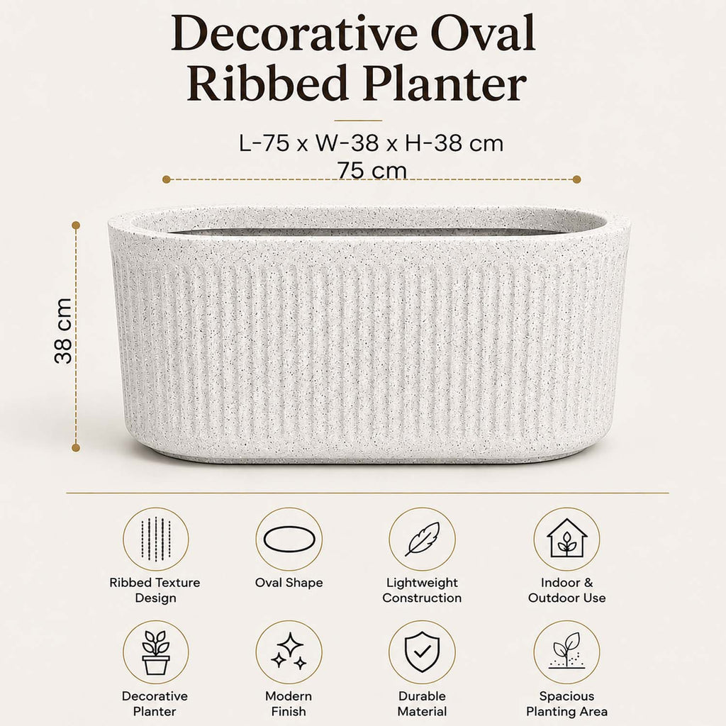 Go Hooked Large Oval Planter Pot (30x15) Inch | Aurelia Modern Ribbed Marble White Texture Finish | UV & Weather Resistant Decorative Floor Planter for Balcony, Patio, Terrace, Garden & Entrance