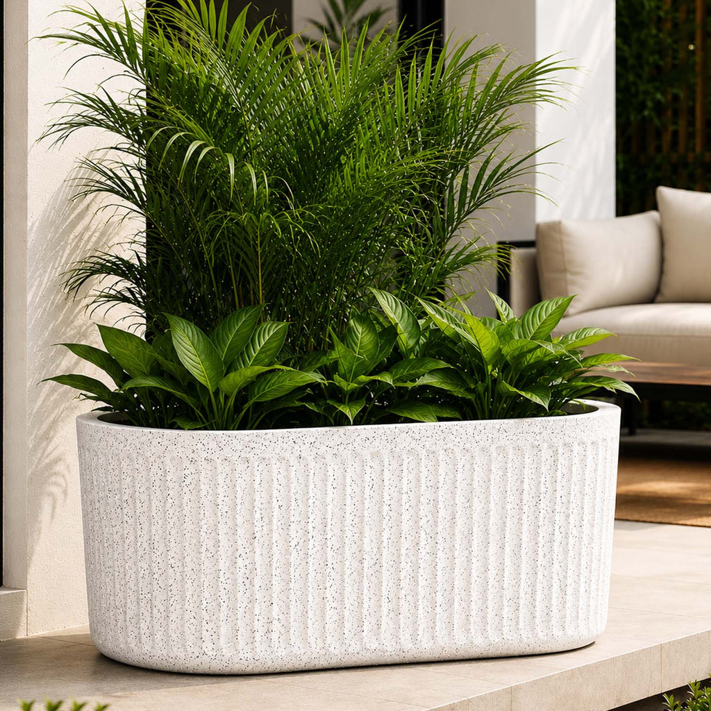 Go Hooked Large Oval Planter Pot (30x15) Inch | Aurelia Modern Ribbed Marble White Texture Finish | UV & Weather Resistant Decorative Floor Planter for Balcony, Patio, Terrace, Garden & Entrance