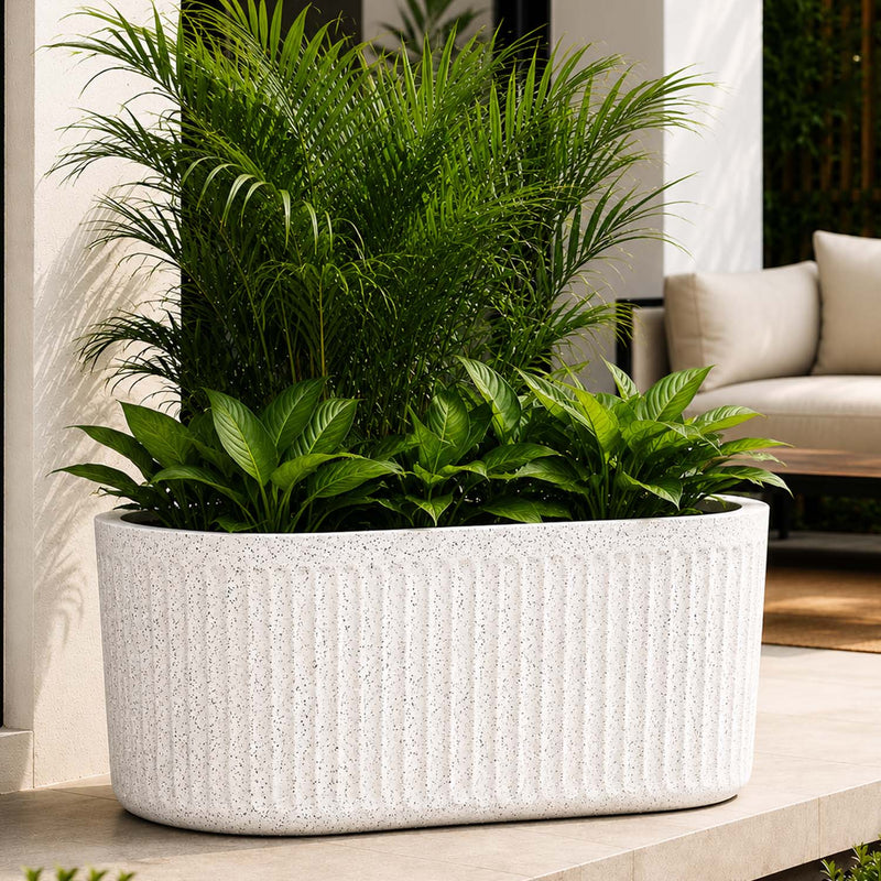 Go Hooked Large Oval Planter Pot (30x15) Inch | Aurelia Modern Ribbed Marble White Texture Finish | UV & Weather Resistant Decorative Floor Planter for Balcony, Patio, Terrace, Garden & Entrance