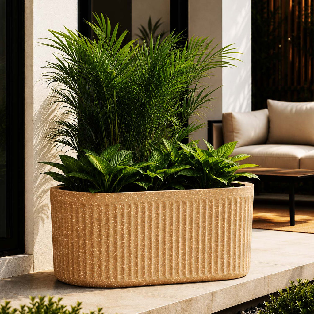 Go Hooked Large Oval Planter Pot (30x15) Inch | Aurelia Modern Ribbed Sandstone Texture Finish | UV & Weather Resistant Decorative Floor Planter for Balcony, Patio, Terrace, Garden & Entrance