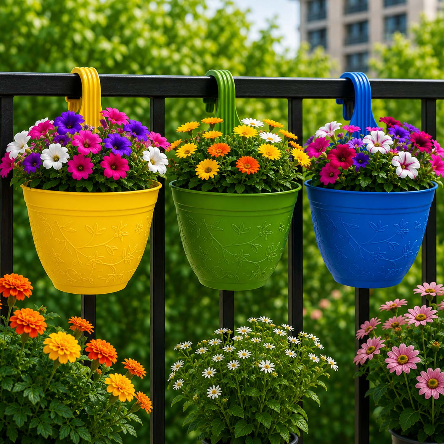 Go Hooked Hanging Planter Pots for Balcony Railing | Small Plastic Victor Hook Flower Pots for Fence, Grill & Balcony (Multicolor, 16.5x9x19 cm) | Decorative Planters for Home Garden Décor