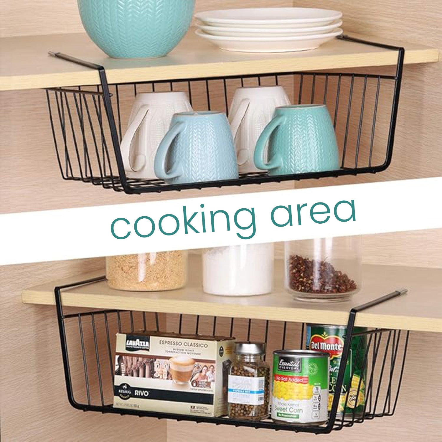 Go Hooked 12 Inch Undershelf Storage Basket Pack of 1 | Multipurpose Under Shelf Organizer | Hanging Wire Basket for Cabinet, Shelf, Pantry, Cupboard, Closet, Desk, and Bathroom (Black)