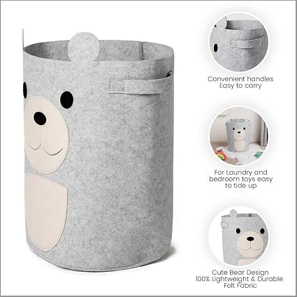 Go Hooked Felt Laundry Basket for Kids – Cute Bear Design | Large Toy Storage Basket for Baby Room | Nursery Organizer for Toys, Clothes & Blankets | Foldable Felt Storage Bin with Handles – Grey