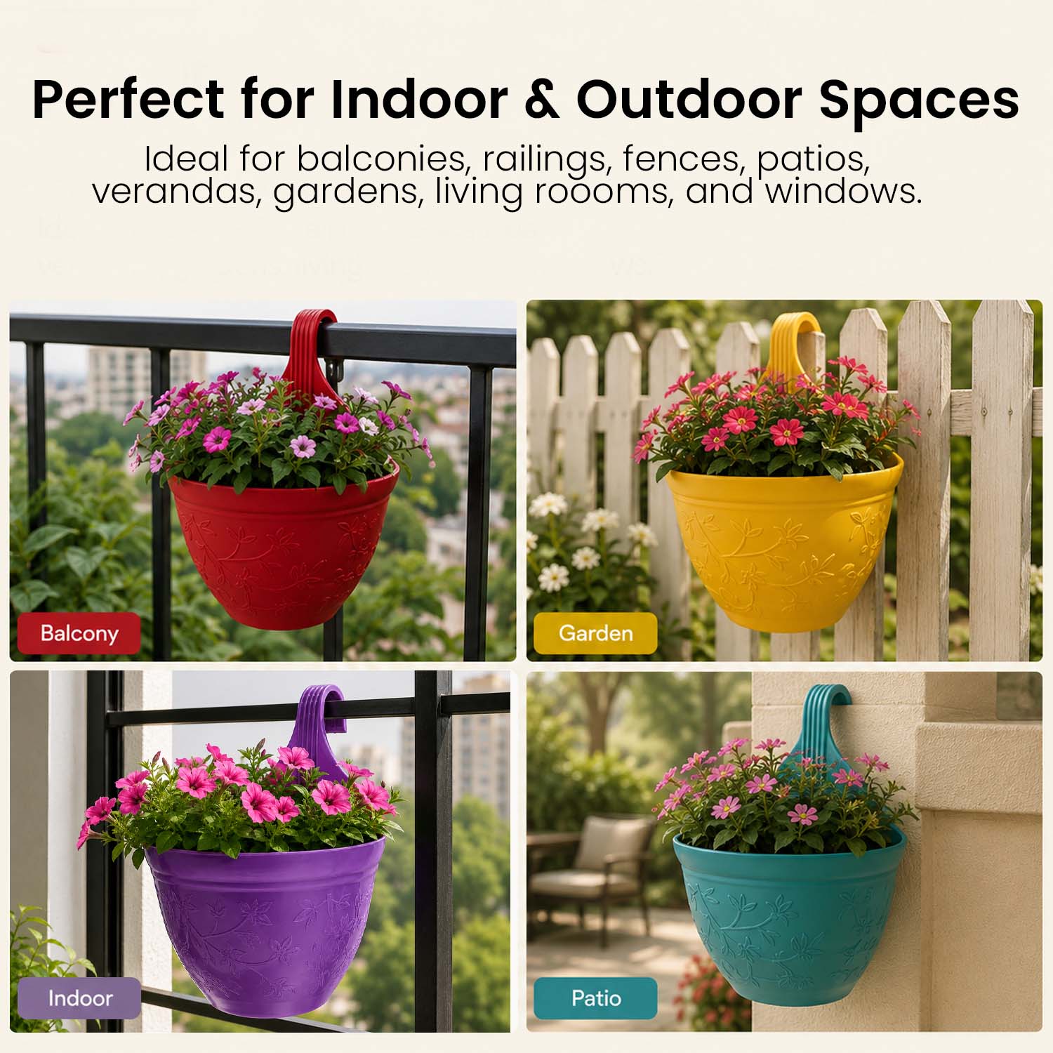 Go Hooked Hanging Planter Pots for Balcony Railing | Small Plastic Victor Hook Flower Pots for Fence, Grill & Balcony (Multicolor, 16.5x9x19 cm) | Decorative Planters for Home Garden Décor