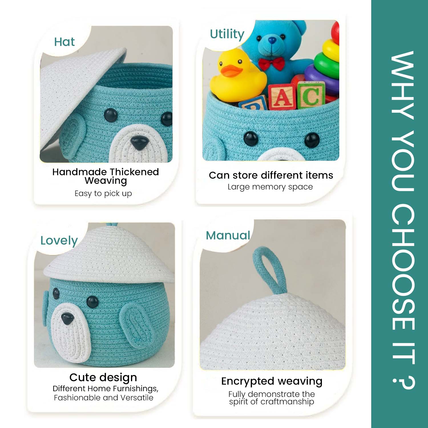 Go Hooked Cute Animal Face Rope Storage Basket with Lid for Kids | Premium Aqua Blue Cotton Rope Nursery Organizer for Toys, Baby Essentials, Bathroom & Home Décor | Soft & Durable Handcrafted Basket