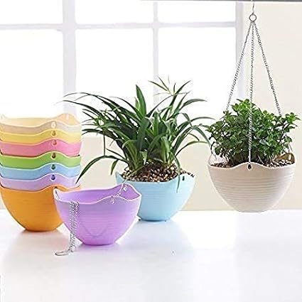 ViMe Plastic Marvel Hanging Pots, Hanging Planters with Metal Hanging Chain - Pack of 4 (7.3 Inch)
