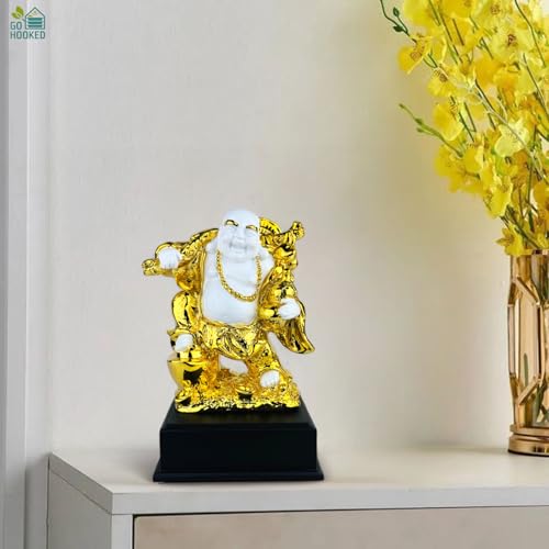 Go Hooked Laughing Buddha Polyresin Statue Prosperity, Wealth & Happiness Idol for Home & Office DÃ©cor 24Cm | Gold & White Feng Shui Decorative Buddha Figurine
