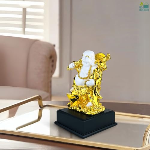 Go Hooked Laughing Buddha Polyresin Statue Prosperity, Wealth & Happiness Idol for Home & Office DÃ©cor 24Cm | Gold & White Feng Shui Decorative Buddha Figurine