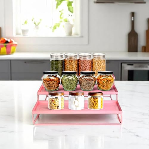 Go Hooked Kitchen 3-Tier Step Standing Rack Kitchen Spice Bottle Rack Utensil Holder Food Storage Organizer for Cabinet Cupboard Pantry Shelf Bathroom organizer Rack (Pink Pack of 1)