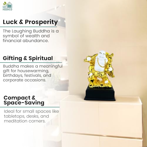 Go Hooked Laughing Buddha Polyresin Statue Prosperity, Wealth & Happiness Idol for Home & Office DÃ©cor 24Cm | Gold & White Feng Shui Decorative Buddha Figurine