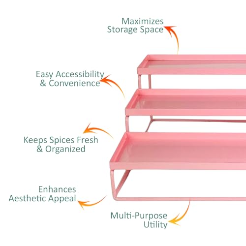 Go Hooked Kitchen 3-Tier Step Standing Rack Kitchen Spice Bottle Rack Utensil Holder Food Storage Organizer for Cabinet Cupboard Pantry Shelf Bathroom organizer Rack (Pink Pack of 1)