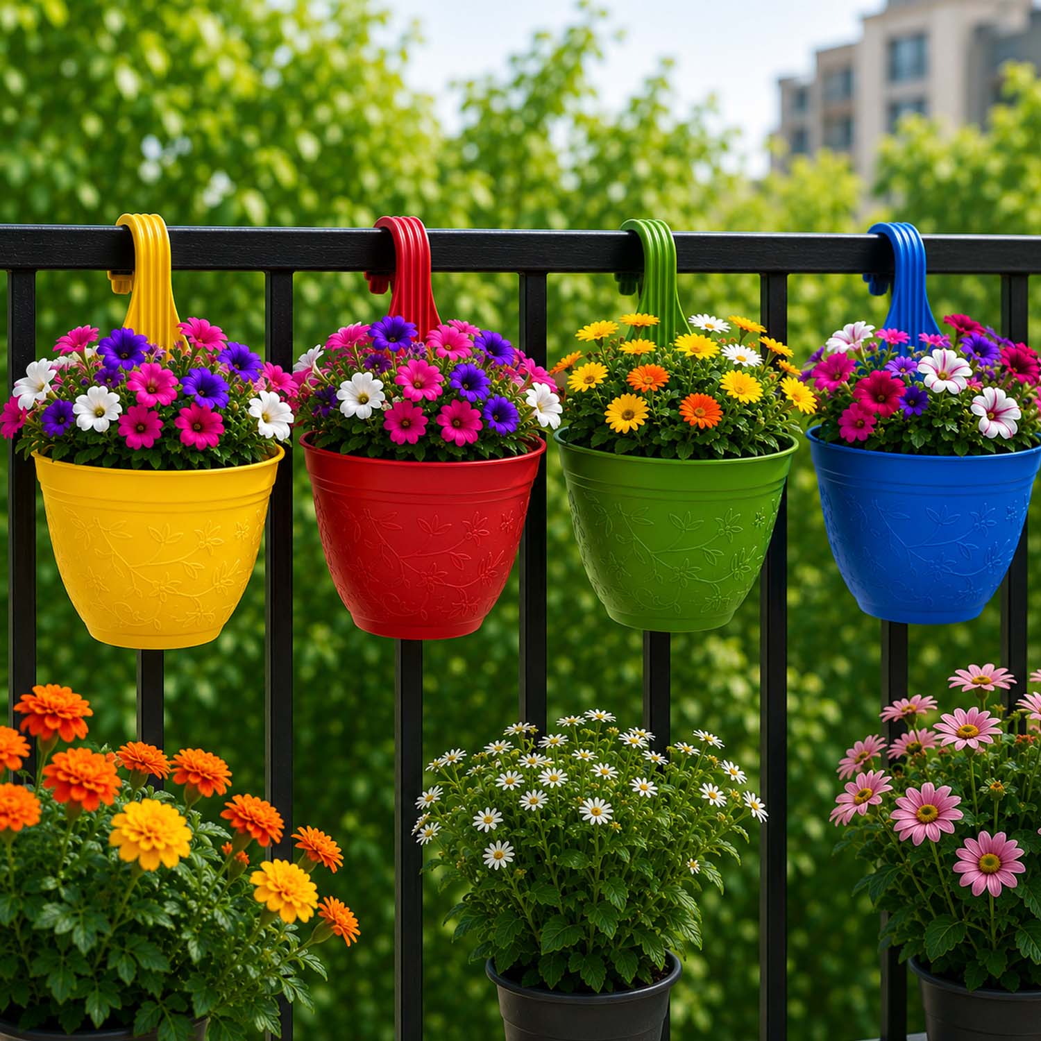 Go Hooked Hanging Planter Pots for Balcony Railing | Small Plastic Victor Hook Flower Pots for Fence, Grill & Balcony (Multicolor, 16.5x9x19 cm) | Decorative Planters for Home Garden Décor