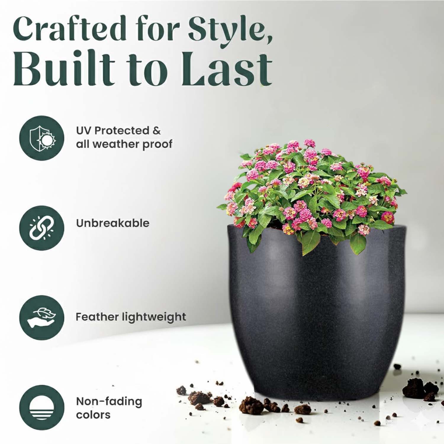 Go Hooked Pluto Black Indoor Planter Pot 24 Inch | Lightweight Modern Round Plant Pot for Living Room, Balcony & Office | Decorative Polymer Pot for Live & Artificial Plants
