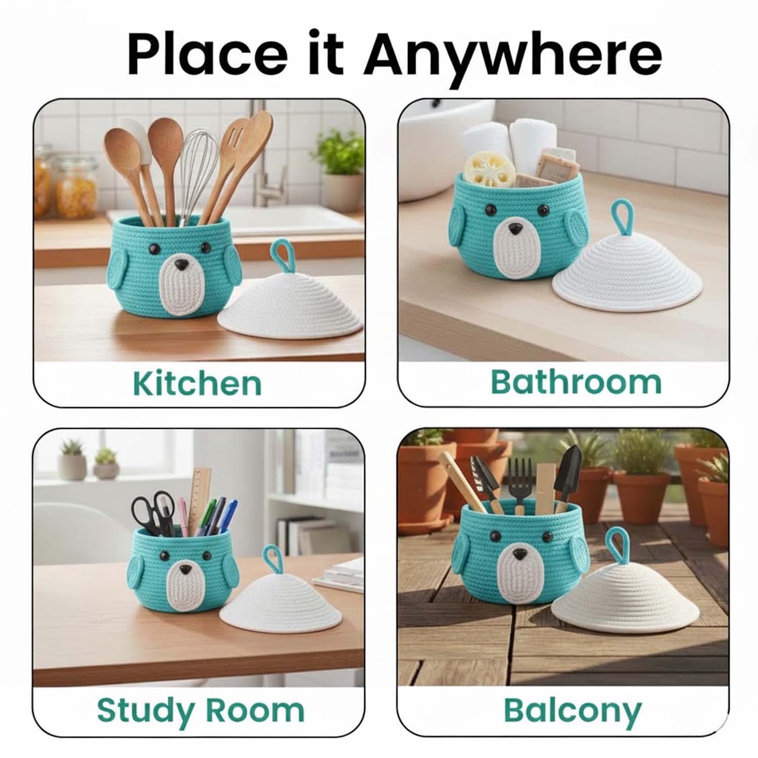 Go Hooked Cute Animal Face Rope Storage Basket with Lid for Kids | Premium Aqua Blue Cotton Rope Nursery Organizer for Toys, Baby Essentials, Bathroom & Home Décor | Soft & Durable Handcrafted Basket