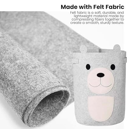 Go Hooked Felt Laundry Basket for Kids – Cute Bear Design | Large Toy Storage Basket for Baby Room | Nursery Organizer for Toys, Clothes & Blankets | Foldable Felt Storage Bin with Handles – Grey