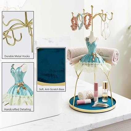 Go Hooked Doll Dress Jewelry Holder Stand | Jewelry Organizer Stand with Hooks for Necklaces, Earrings, Bracelets & Rings | Decorative Jewelry Storage Display for Dressing Table Bedroom (Orange)