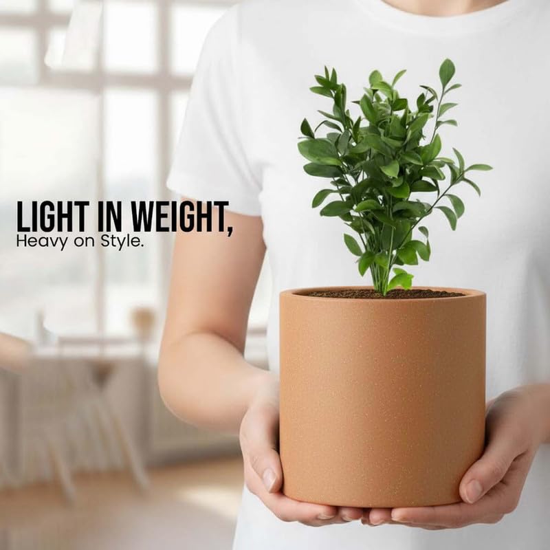 Go Hooked Tube 15 Inch Round Flower Pot for Plants | Lightweight Polymer Planter for Indoor Outdoor Use | Decorative Garden Pot for Balcony, Home, Office, Living Room, Patio & Terrace Decor (Brown)