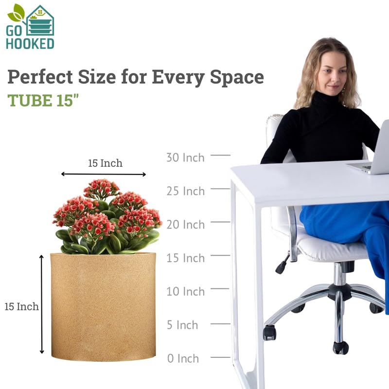 Go Hooked Tube 15 Inch Round Flower Pot for Plants | Lightweight Polymer Planter for Indoor Outdoor Use | Decorative Garden Pot for Balcony, Home, Office, Living Room, Patio & Terrace Decor (Brown)