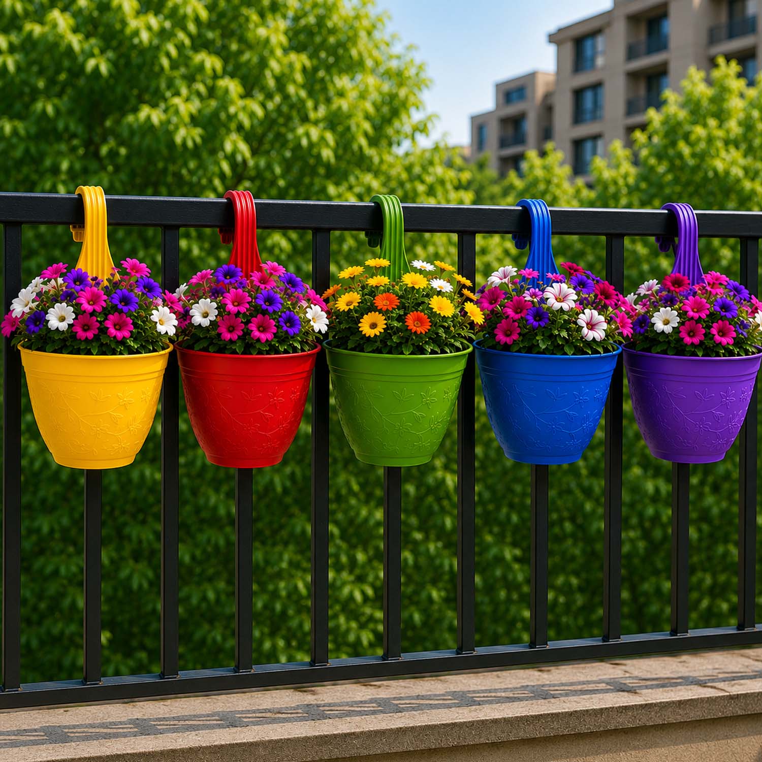 Go Hooked Hanging Planter Pots for Balcony Railing | Small Plastic Victor Hook Flower Pots for Fence, Grill & Balcony (Multicolor, 16.5x9x19 cm) | Decorative Planters for Home Garden Décor