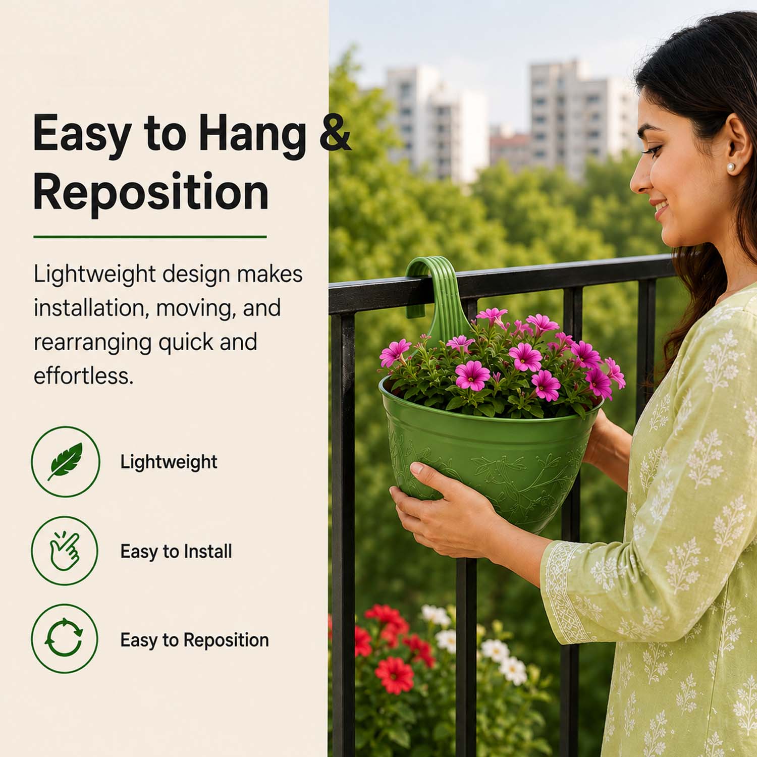 Go Hooked Hanging Planter Pots for Balcony Railing | Small Plastic Victor Hook Flower Pots for Fence, Grill & Balcony (Multicolor, 16.5x9x19 cm) | Decorative Planters for Home Garden Décor