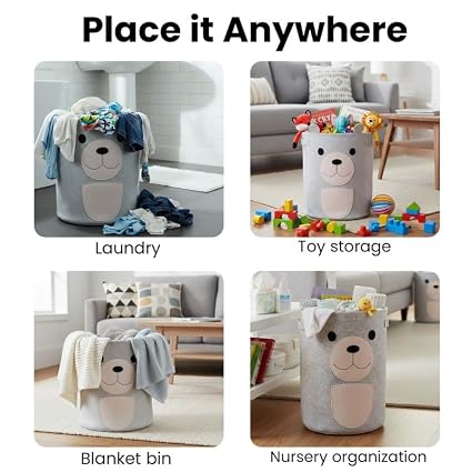Go Hooked Felt Laundry Basket for Kids – Cute Bear Design | Large Toy Storage Basket for Baby Room | Nursery Organizer for Toys, Clothes & Blankets | Foldable Felt Storage Bin with Handles – Grey