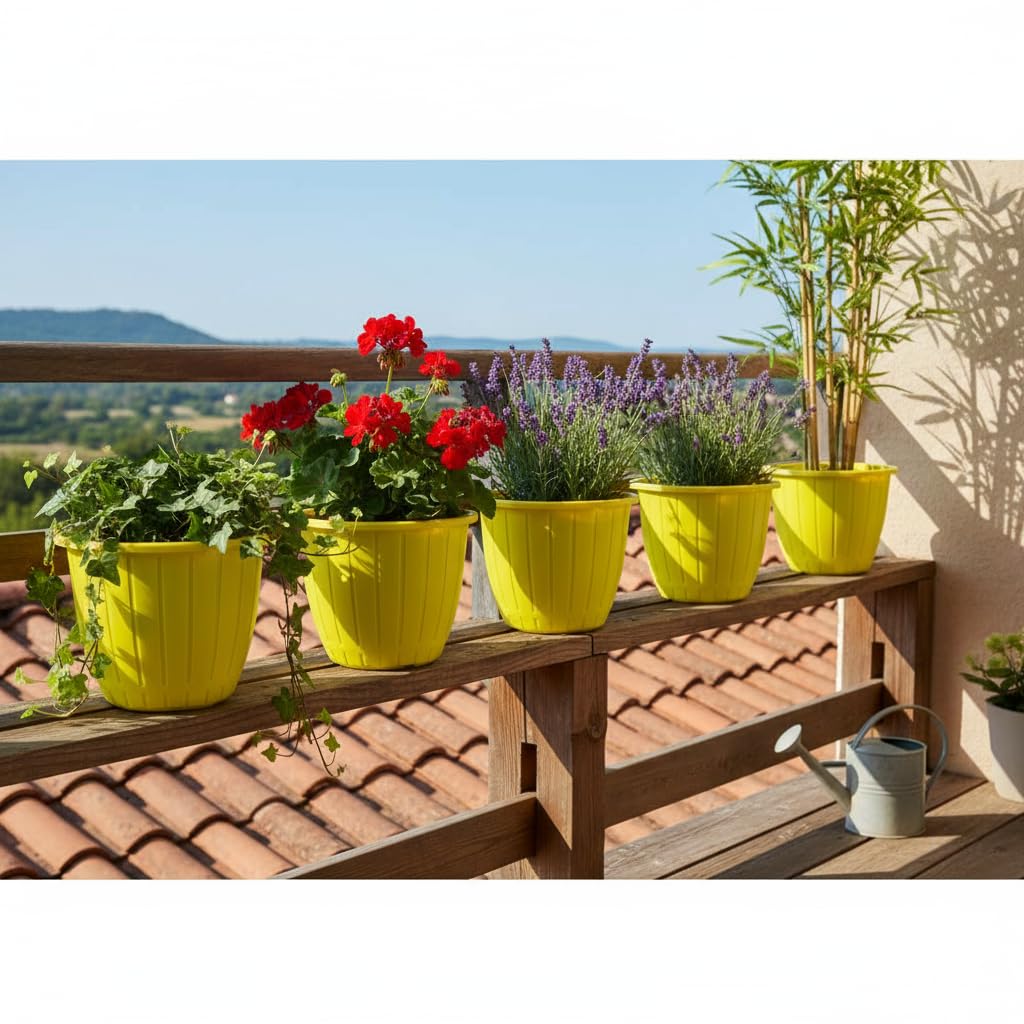 GoHooked yellow plastic Duro planter pots with flowering plants on a sunny balcony railing