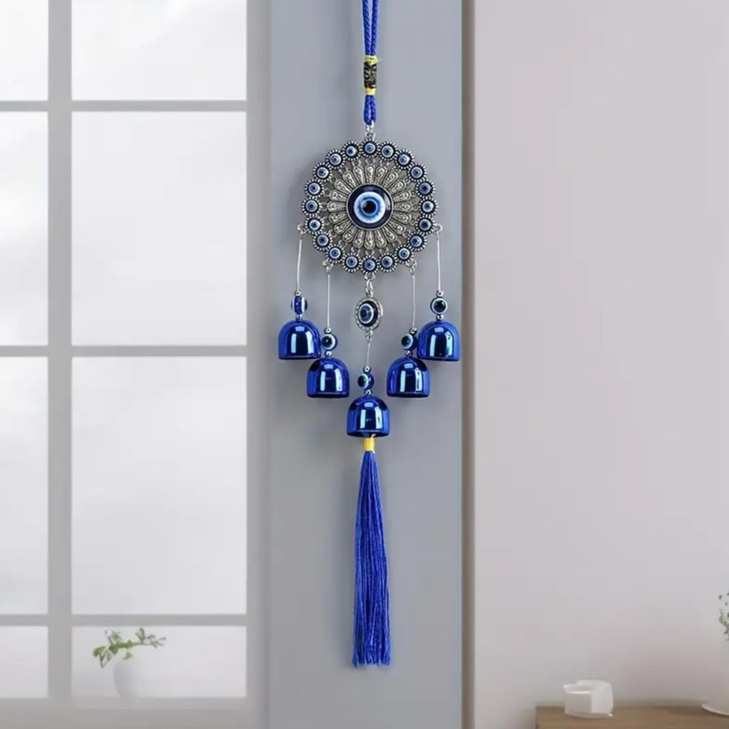 Go Hooked Evil Eye Dreamcatcher Wind Chime with Bells & Hanging Beads 64cm Height| Blue Wall Hanging Decoration for Positive Energy, Good Luck & Home Décor, Balcony, Living Room & Gift (Design F1)
